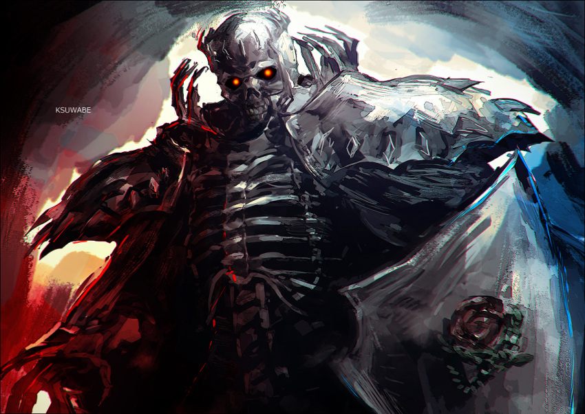 1boy armor berserk black_cape cape floral_print glowing glowing_eyes gradient gradient_background holding holding_shield k-suwabe looking_at_viewer male_focus rose_print shield shoulder_armor skeleton skull_knight_(berserk) solo spikes