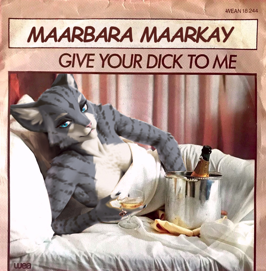 album album_art album_redraw album_reference alcohol anthro arm_support barbara_markay barbara_markay(give_your_dick_to_me) bed bethesda_softworks beverage blue_eyes breasts champagne claws colored covered_breasts felid female fur furniture grey_body grey_fur holding_beverage holding_object khajiit leaning_on_elbow looking_at_viewer lying ma'ara mammal markings multicolored_body multicolored_fur painting_(artwork) pillow pink_nose redraw relaxed_expression relaxing shaded smile solo striped_body striped_fur striped_markings stripes text the_elder_scrolls traditional_media_(artwork) two_tone_body two_tone_fur video_games white_body white_fur xenoyparxi