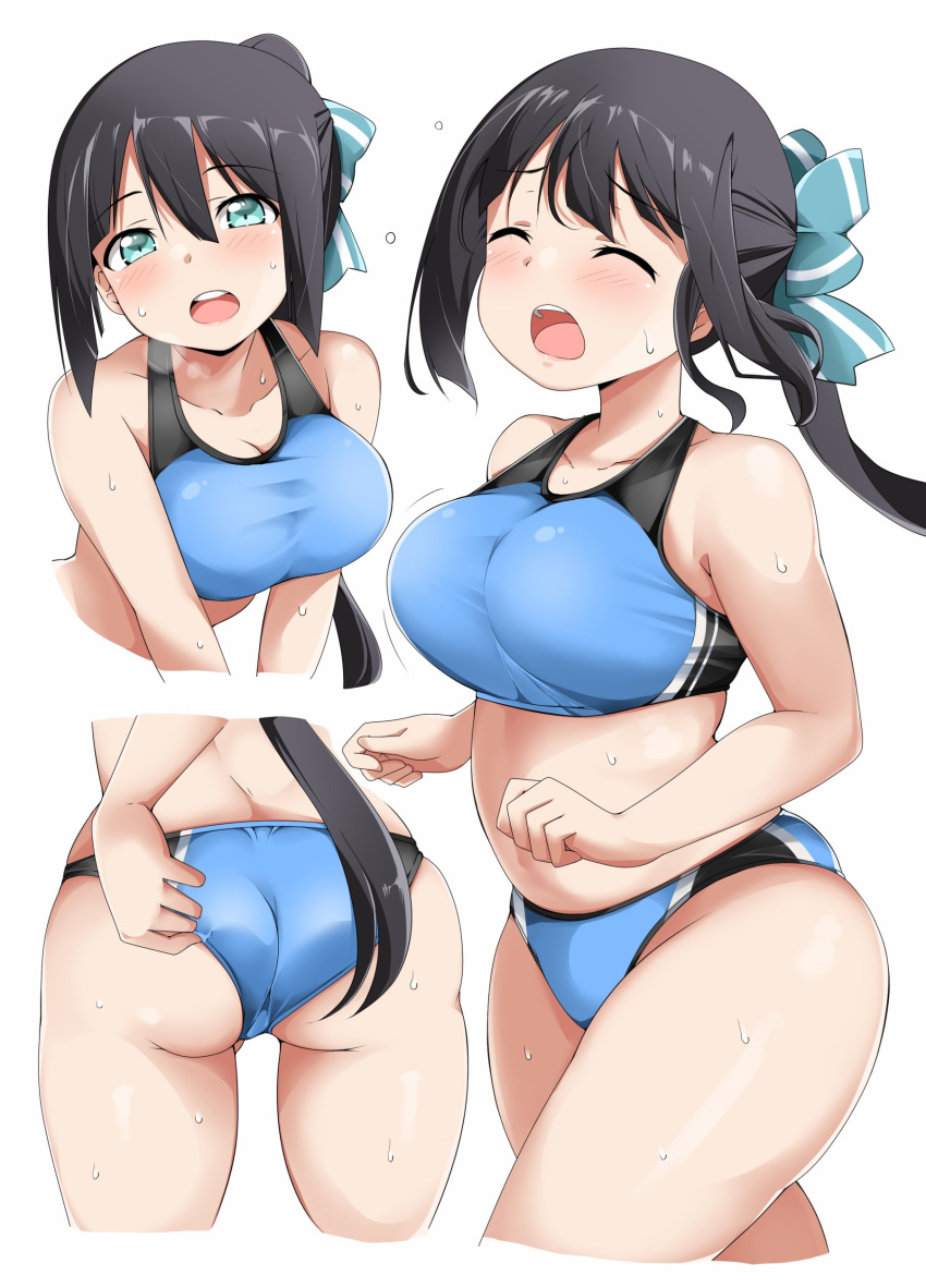 1girl absurdres adjusting_buruma adjusting_clothes aqua_eyes ass black_hair blue_buruma blue_sports_bra bow breasts buruma collarbone cowboy_shot green_bow hair_bow hair_ribbon highres kanosawa long_hair medium_breasts navel open_mouth original ponytail ribbon solo sports_bra sportswear sweatdrop