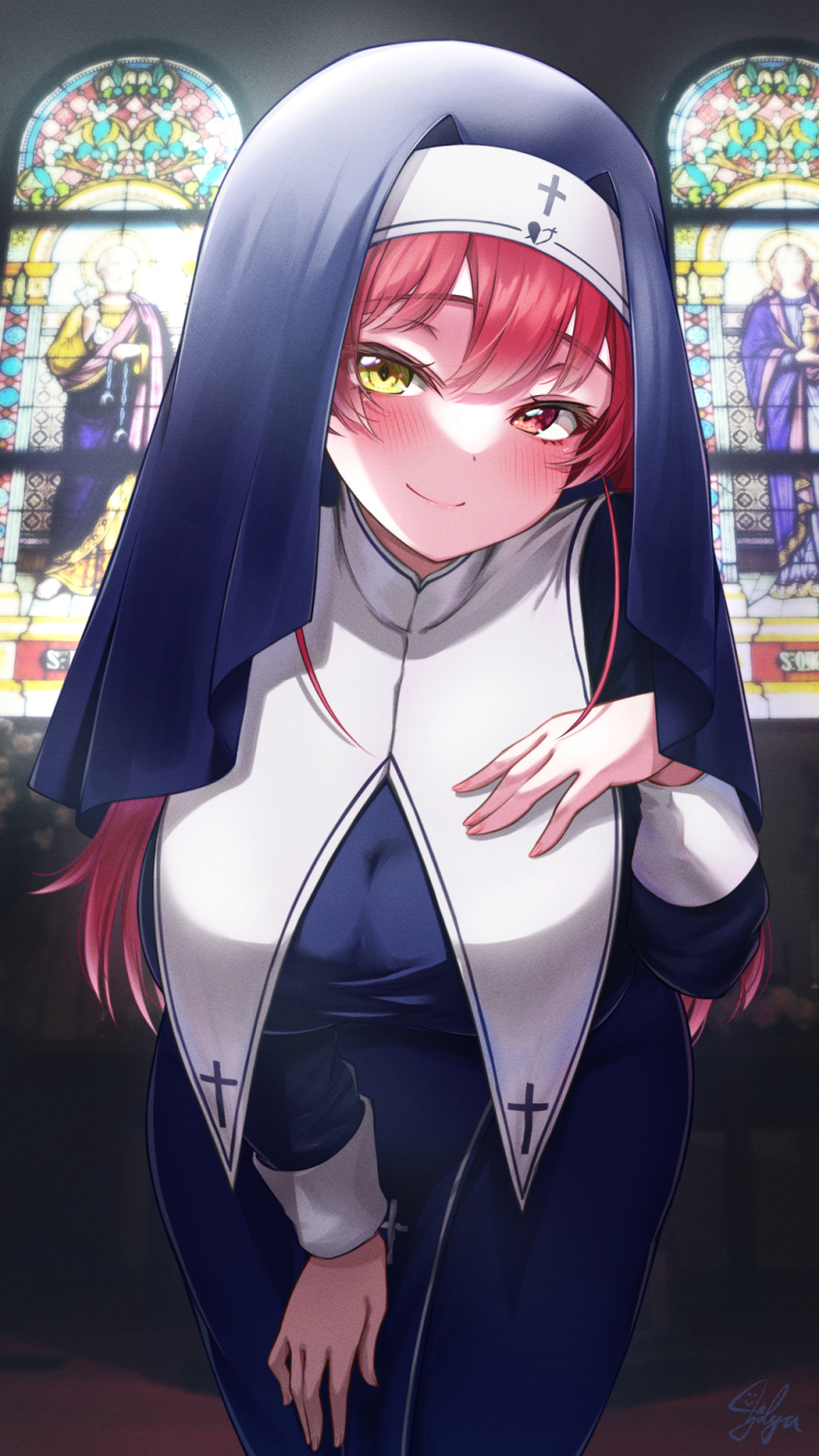 1girl bangs blue_dress blush breasts closed_mouth cowboy_shot cross_print dress habit hand_on_own_thigh heterochromia highres hololive houshou_marine ichijo_kazuya indoors large_breasts leaning_forward long_hair long_sleeves nun red_eyes red_hair smile solo stained_glass standing veil very_long_hair virtual_youtuber yellow_eyes