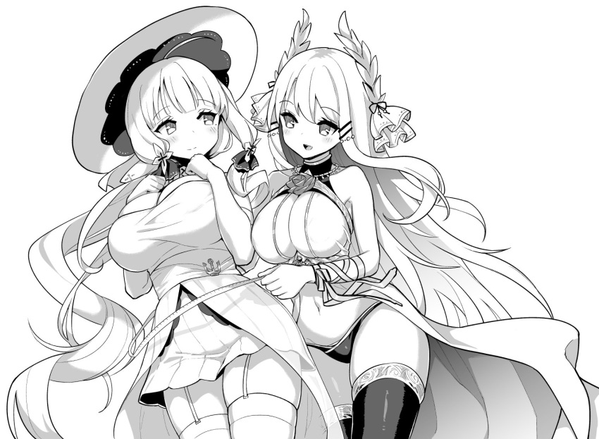 2girls azur_lane blush breasts cleavage closed_mouth dress elbow_gloves garter_straps gloves greyscale hair_ornament hairclip hat hori_(hori_no_su) illustrious_(azur_lane) large_breasts long_hair looking_at_another low_twintails mole mole_under_eye monochrome multiple_girls navel open_mouth panties simple_background smile tape_measure thighhighs twintails underwear victorious_(azur_lane) white_background