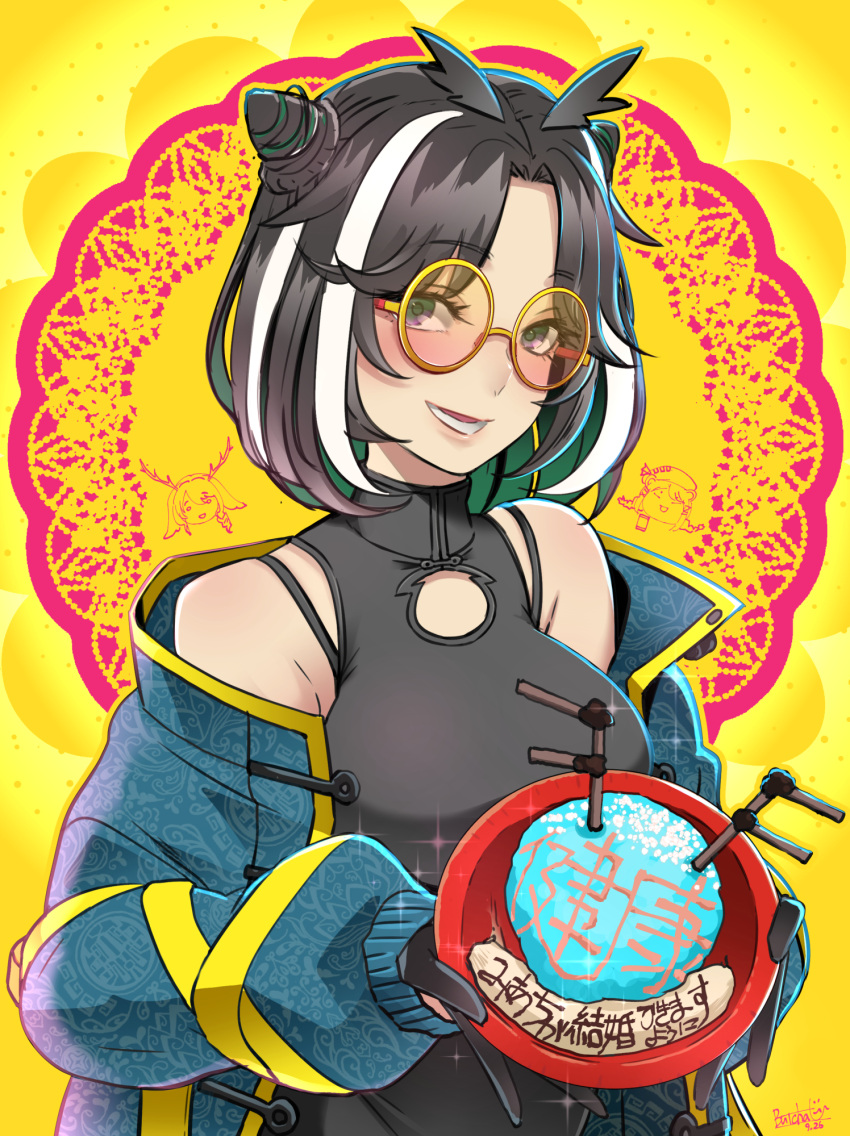 1girl animare bangs bare_shoulders black_hair butcha-u clothing_cutout glasses gloves highres jacket jacket_on_shoulders looking_at_viewer medium_hair multicolored_hair oura_rukako smile solo streaked_hair tinted_eyewear two-tone_hair virtual_youtuber white_hair