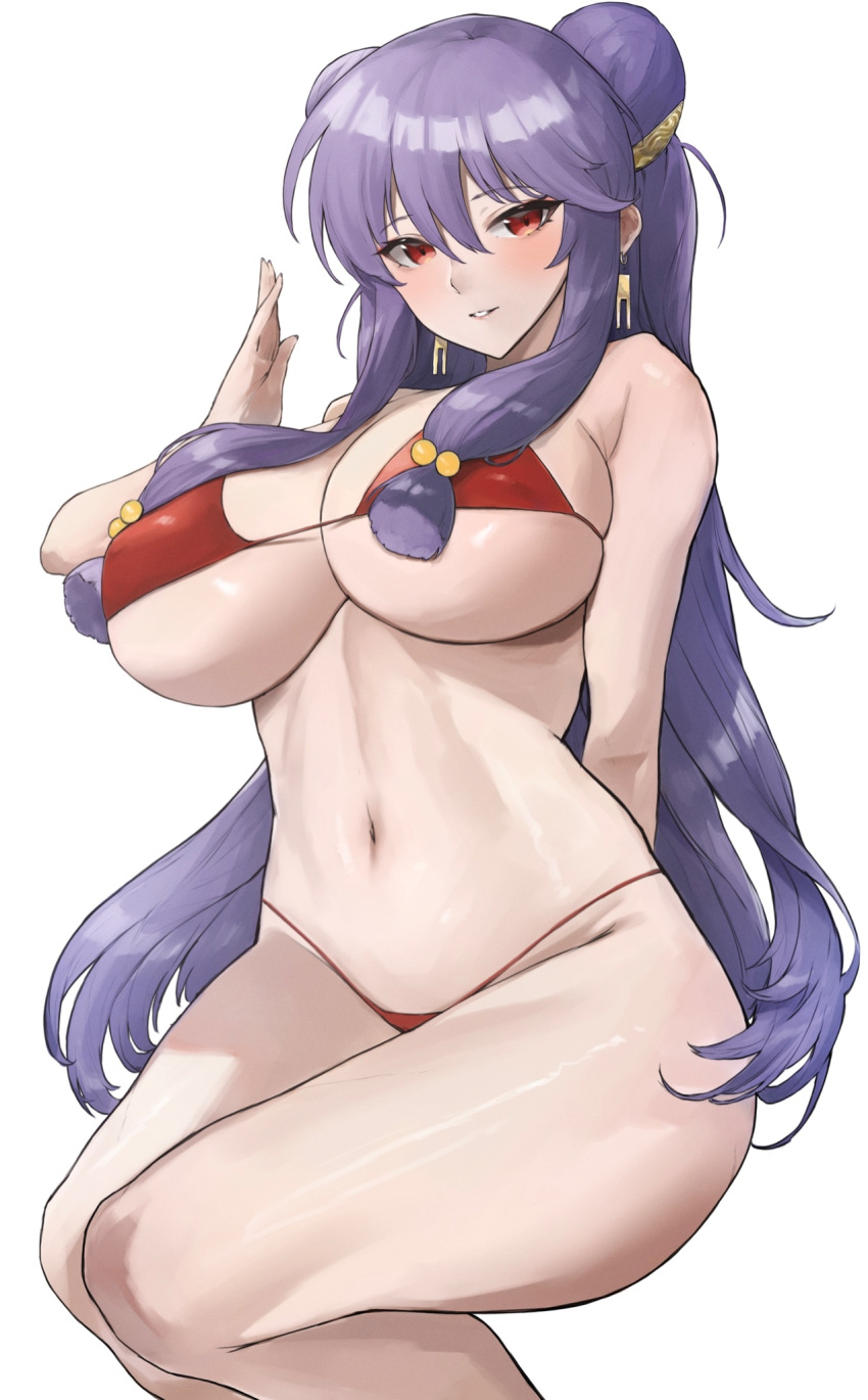 1girl arm_behind_back bare_shoulders bikini breasts cleavage covered_nipples earrings hair_ornament highres jewelry kataku_musou large_breasts looking_at_viewer navel plump purple_hair ranma_1/2 red_bikini red_eyes shampoo_(ranma_1/2) solo swimsuit thick_thighs thighs underboob