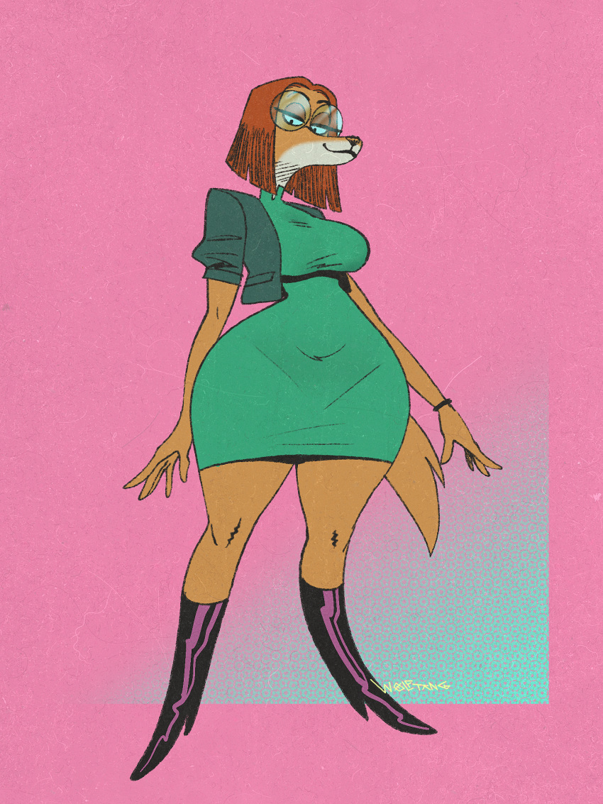 2022 3:4 anthro big_breasts boots breasts canid canine canis clothing countershading cropped_jacket digital_media_(artwork) domestic_dog english_text eyewear female footwear glasses hair hi_res high_heeled_boots high_heels hunting_dog illumination_entertainment looking_down mammal orange_body red_hair round_glasses saluki sighthound sing_(movie) small_waist smile solo suki_lane text thick_thighs tight_dress wide_hips wolftang