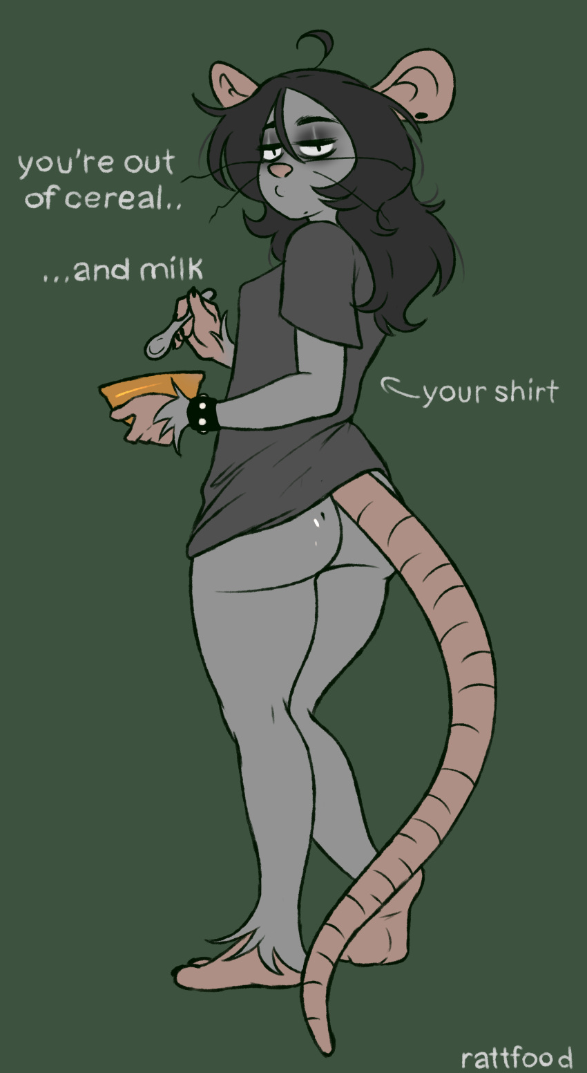 absurd_res anthro baggy_clothing birthmark black_hair bottomless butt clothed clothing english_text female goth hair half_naked hi_res mammal markings messy_hair morgan_(rattfood) murid murine pantsless partially_clothed rat rattfood rodent solo studded_bracelet text tired tired_eyes