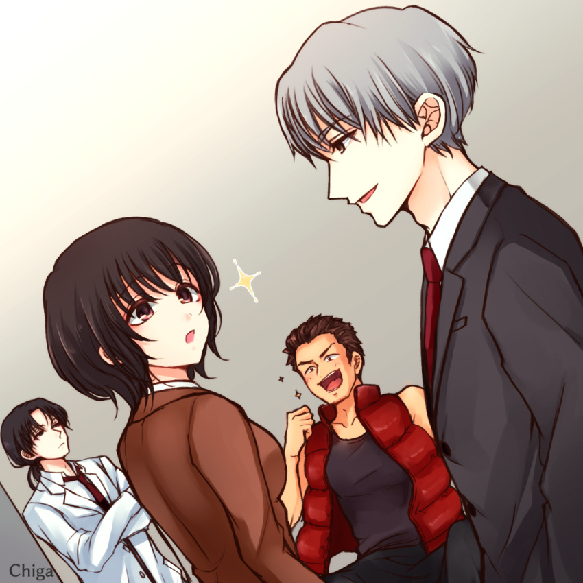 1girl 3boys bare_shoulders black_hair brown_hair chi119 coat crossed_arms formal grey_hair himuro_hitoshi kaga_tsuyoshi kaii_shoukougun kanamori_hinako kirisaki_shouta labcoat medium_hair multiple_boys necktie official_art ponytail short_hair smile suit tan vest white_coat