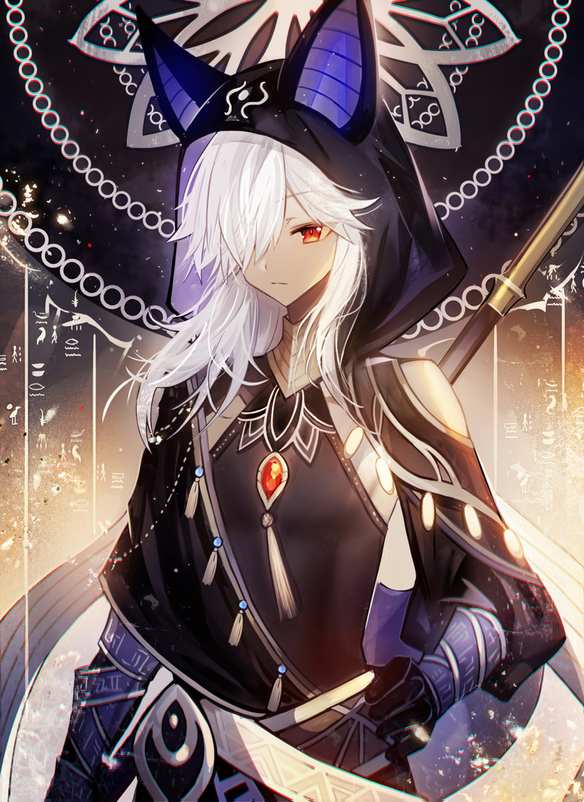 1boy animal_ears animal_hood bare_shoulders black_footwear black_gloves closed_mouth clothing_cutout commentary_request cyno_(genshin_impact) fake_animal_ears genshin_impact gloves hair_over_one_eye hand_on_hip hieroglyphics highres hood hood_up juexing_(moemoe3345) long_hair long_sleeves looking_at_viewer male_focus puffy_long_sleeves puffy_sleeves red_eyes shoulder_cutout solo white_hair