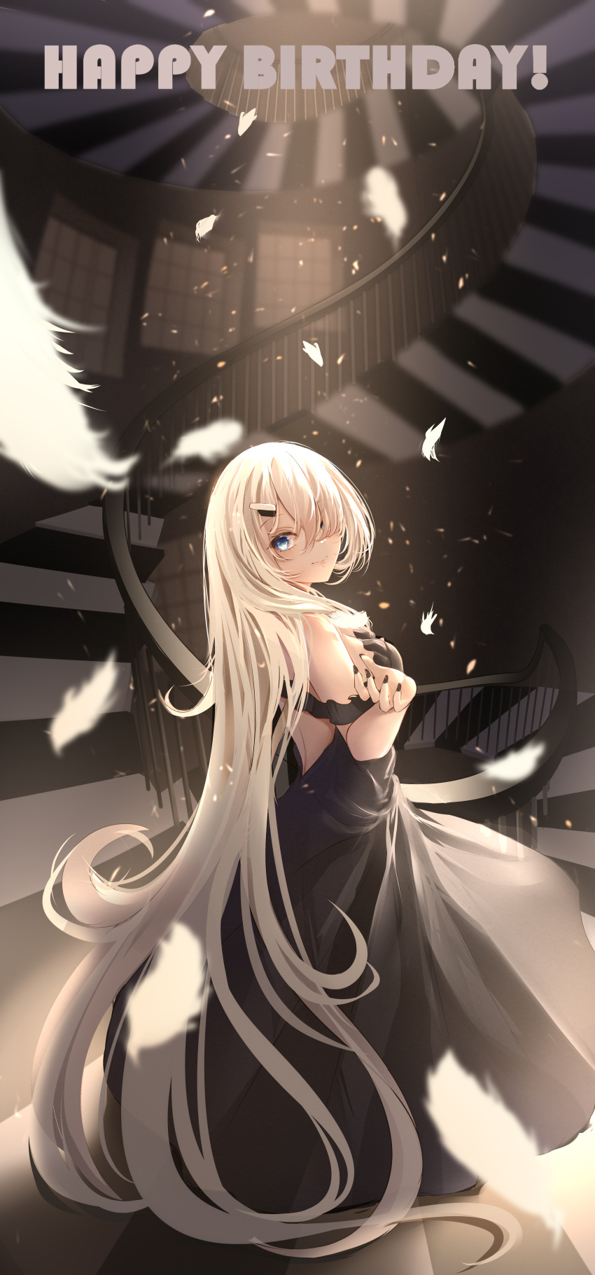 1girl absurdres black_dress blonde_hair blue_eyes blush closed_mouth dress feathers happy_birthday highres long_hair looking_at_viewer looking_back noir_(noworld) noworld qiyuan_yingluo smile solo spiral_staircase stairs standing virtual_youtuber white_feathers