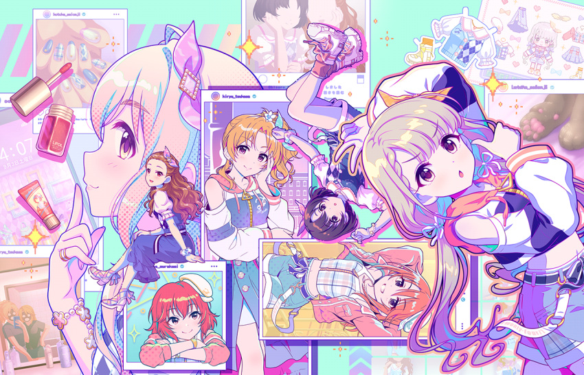 6+girls :d :o animal_hands arms_behind_head bare_shoulders black_hair blonde_hair bobby_socks brown_hair checkered_clothes denim denim_shorts finger_to_mouth hisakawa_nagi idolmaster idolmaster_cinderella_girls idolmaster_cinderella_girls_starlight_stage kiryu_tsukasa_(idolmaster) lipstick long_hair looking_at_viewer low_twintails makeup multiple_girls murakami_tomoe nail_polish navel official_art orange_hair pink_hair red_footwear red_hair ribbon saionji_kotoka sandals seki_hiromi selfie shiragiku_hotaru shoes short_hair shorts smile sneakers socks thumbs_up twintails v wavy_hair yuuki_haru