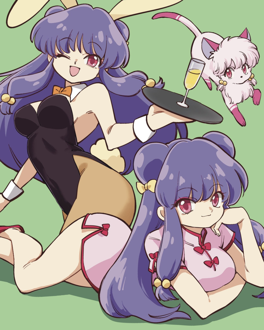 animal_ears bow breasts cat dual_persona green_background highres leotard looking_at_viewer natuki101625 one_eye_closed open_mouth orange_bow pantyhose playboy_bunny purple_hair rabbit_ears rabbit_tail ranma_1/2 red_eyes shampoo_(ranma_1/2) smile tail