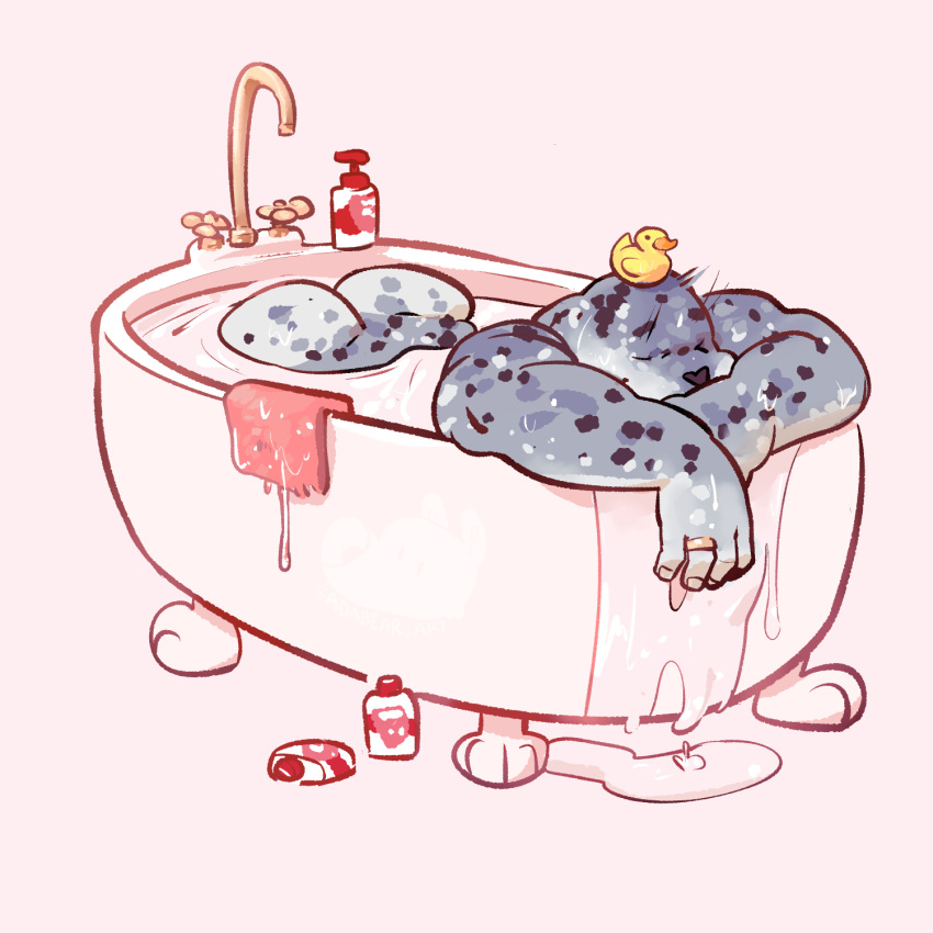 2022 adabear anthro ass_up bathing bathtub big_butt big_muscles bottle butt dripping eyes_closed fur hi_res lying male mammal marine muscular muscular_anthro muscular_male nails nude on_front pinniped ring_(jewelry) rubber_duck seal simple_background solo spots towel tuft water wet wet_body white_background