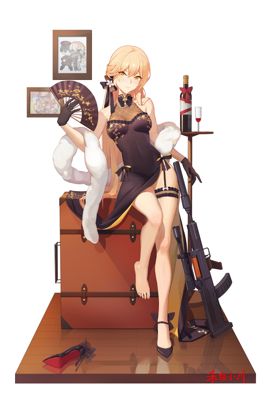 1girl absurdres artist_name assault_rifle bangs bare_legs bare_shoulders barefoot black_dress black_gloves blonde_hair bottle breasts case china_dress chinese_clothes chinese_commentary closed_mouth collarbone cup dress drinking_glass feather_boa feet floor full_body girls'_frontline glass gloves gun hair_ribbon hand_fan hebai_xiaochuan high_heels highres holding holding_fan legs lips long_hair looking_at_viewer medium_breasts official_alternate_costume ots-14 ots-14_(girls'_frontline) ots-14_(sangria_succulent)_(girls'_frontline) picture_(object) ribbon rifle shoes single_shoe smile solo standing standing_on_one_leg toes weapon weapon_removed white_background wine_bottle wine_glass yellow_eyes