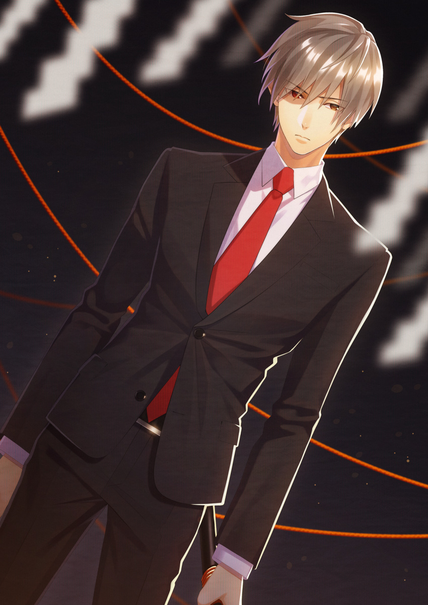 1boy formal grey_hair highres himuro_hitoshi holding holding_sword holding_weapon kaii_shoukougun kaii_shoukougun_2 katana necktie short_hair solo suit sword tisshu weapon