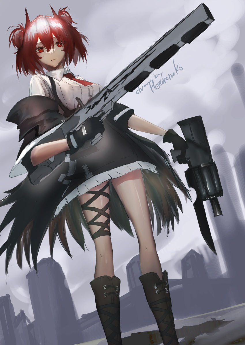 1girl absurdres animal_ears arknights bird_ears black_footwear black_jacket boots bright_pupils collared_shirt dual_wielding dutch_angle feet_up fiammetta_(arknights) frilled_skirt frills grey_sky gun hair_between_eyes hetare_galm_sue highres holding holding_gun holding_weapon jacket leg_wrap looking_at_viewer necktie off_shoulder open_clothes open_jacket outdoors red_eyes red_hair red_necktie shirt short_hair signature skirt solo standing weapon white_pupils white_shirt