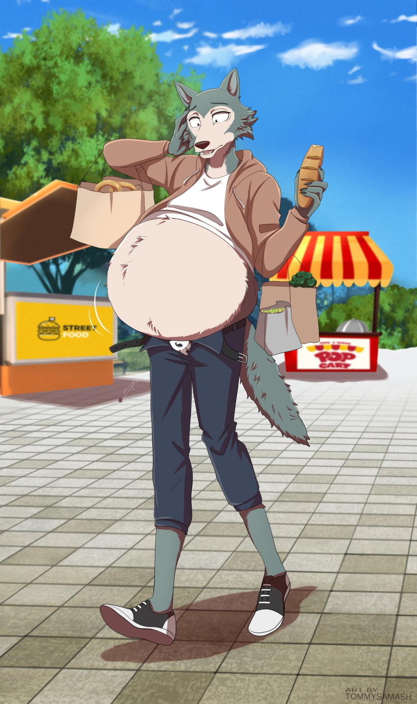 2022 anthro bag beastars belly belt big_belly bottomwear button_pop canid canine canis clothed clothing cloud cloudscape ears_up fangs food footwear fur half-closed_eyes hand_on_head hi_res holding_bag holding_bread holding_food holding_object jacket legoshi_(beastars) looking_down looking_down_at_self looking_down_at_stomach male mammal market narrowed_eyes open_mouth outside overweight overweight_anthro overweight_male pants pants_pooping plant raised_clothing raised_shirt raised_topwear shirt shoes sky solo standing tommysamash tongue topwear tree underwear walking wolf