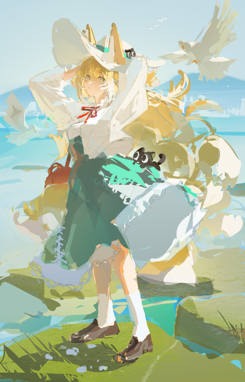 1girl 9degree absurdres animal animal_ears arknights arms_up bangs bird black_cat black_footwear blonde_hair blue_skirt cat closed_mouth commentary_request crossover ears_through_headwear fox_ears fox_girl fox_tail hair_between_eyes hat heixiu high-waist_skirt highres jacket kitsune long_sleeves looking_at_viewer luoxiaohei neck_ribbon open_clothes open_jacket puffy_long_sleeves puffy_sleeves red_ribbon ribbon shirt shoes sketch skirt socks sun_hat suzuran_(arknights) suzuran_(spring_praise)_(arknights) tail the_legend_of_luo_xiaohei white_headwear white_jacket white_shirt white_socks