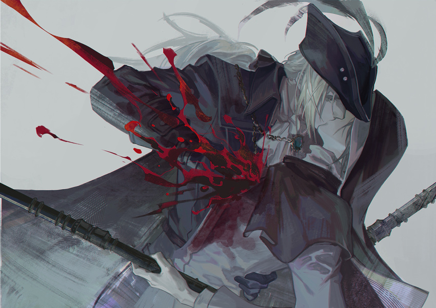 2girls agong agongzibile black_cape black_hood blonde_hair blood bloodborne blue_eyes brooch brown_eyes cape gloves hand_on_another's_waist hat holding holding_weapon jewelry kiss lady_maria_of_the_astral_clocktower long_hair multiple_girls ponytail scythe sister_friede stab weapon yuri