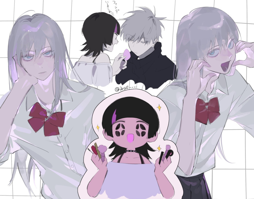 +_+ 2boys bishounen black_hair blue_eyes crossdressing gojou gojou_satoru highres hoshi_kirara jujutsu_kaisen kirara_hoshi long_hair long_haired_male looking_at_viewer makeover makeup multiple_boys otoko_no_ko purple_hair school_uniform white_hair