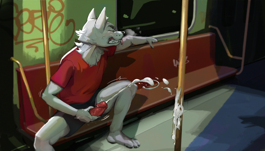 anthro bodily_fluids canid canine canis cum genital_fluids hi_res male male/male mammal orioz public solo subway train vehicle wolf