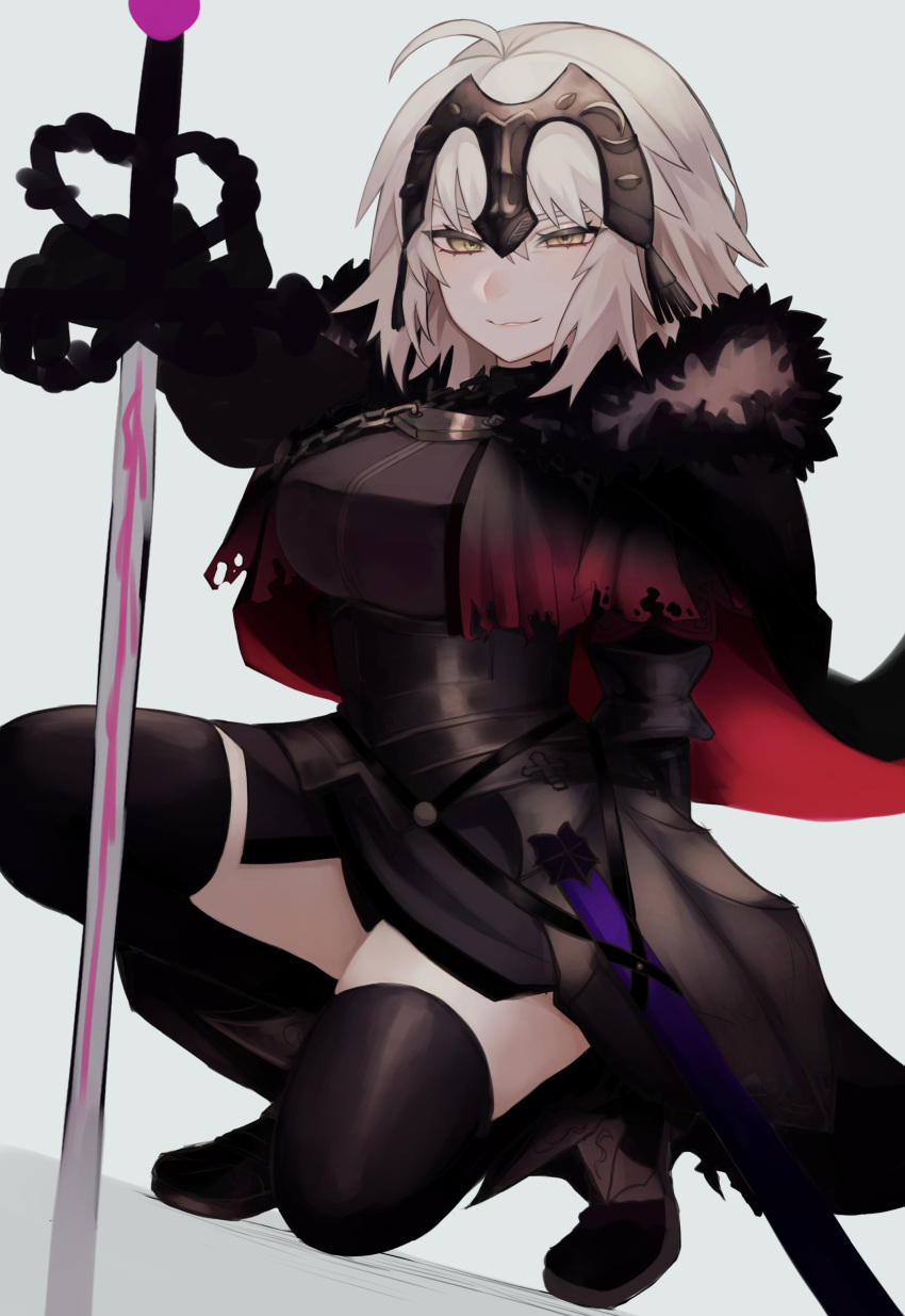 1girl absurdres armor armored_dress bangs black_dress black_thighhighs breasts chain collar dress fate/grand_order fate_(series) faulds gauntlets grey_hair headpiece highres jeanne_d'arc_alter_(avenger)_(fate) jeanne_d'arc_alter_(fate) large_breasts looking_at_viewer metal_collar plackart short_hair smile solo squatting sumi_(gfgf_045) sword thighhighs weapon yellow_eyes