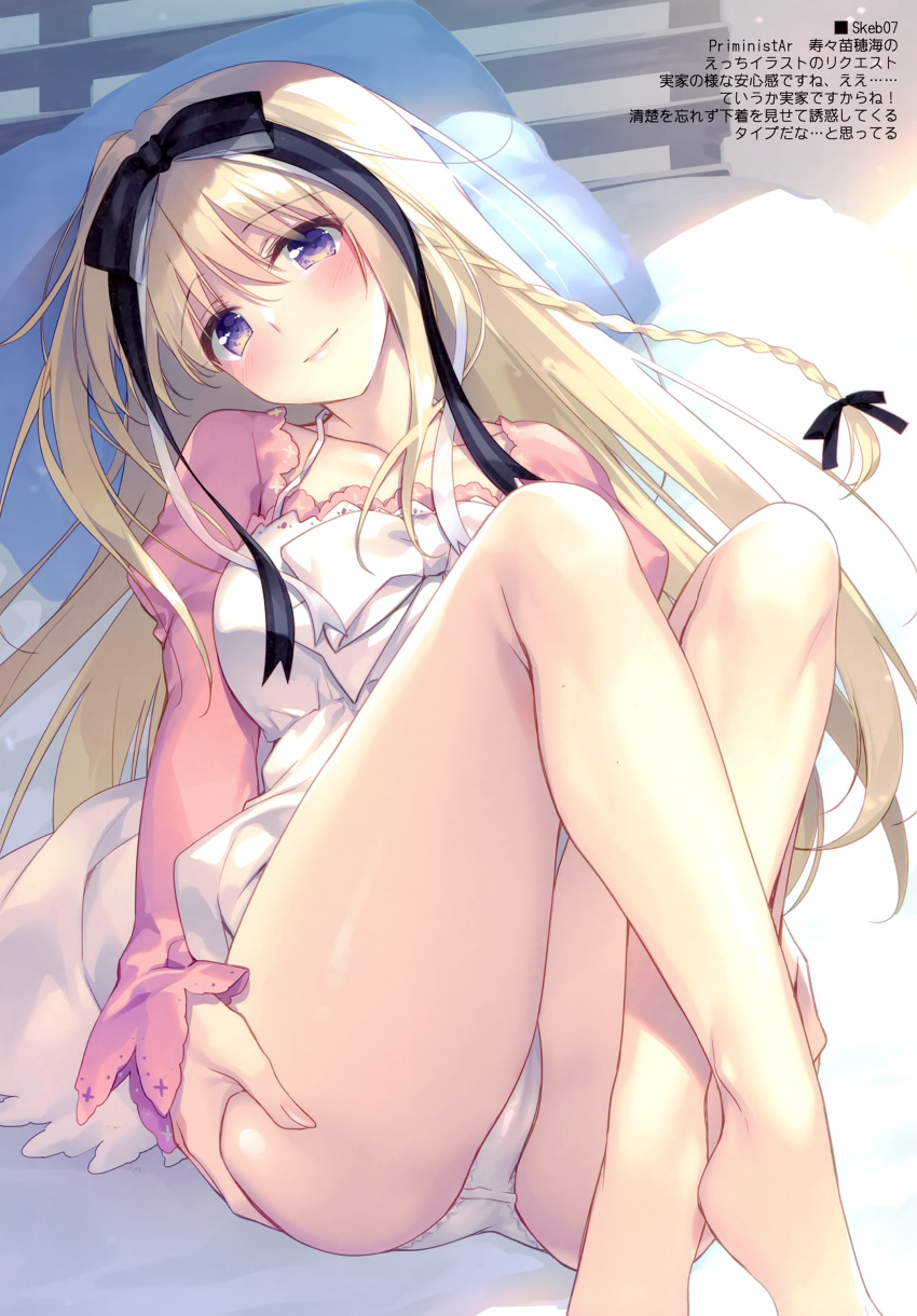 1girl absurdres bangs barefoot bed blonde_hair blush bow braid breasts closed_mouth collarbone detached_sleeves dress fingernails hair_bow hands_on_own_ass head_tilt highres indoors lips long_hair looking_at_viewer lying medium_breasts motomiya_mitsuki on_back original panties pillow puffy_sleeves purple_eyes scan shiny shiny_skin simple_background smile solo thighs underwear
