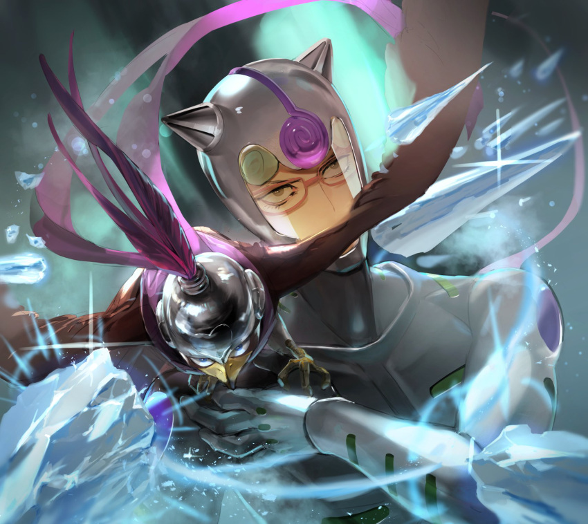 1boy 1other animal bird black_eyes blue_eyes closed_mouth eagle ghiaccio glasses highres holding holding_animal horus_(stand) ice jojo_no_kimyou_na_bouken looking_at_viewer pet_shop power_connection purple_scarf scarf short_hair stardust_crusaders user_vzac7788 vento_aureo white_album_(stand)