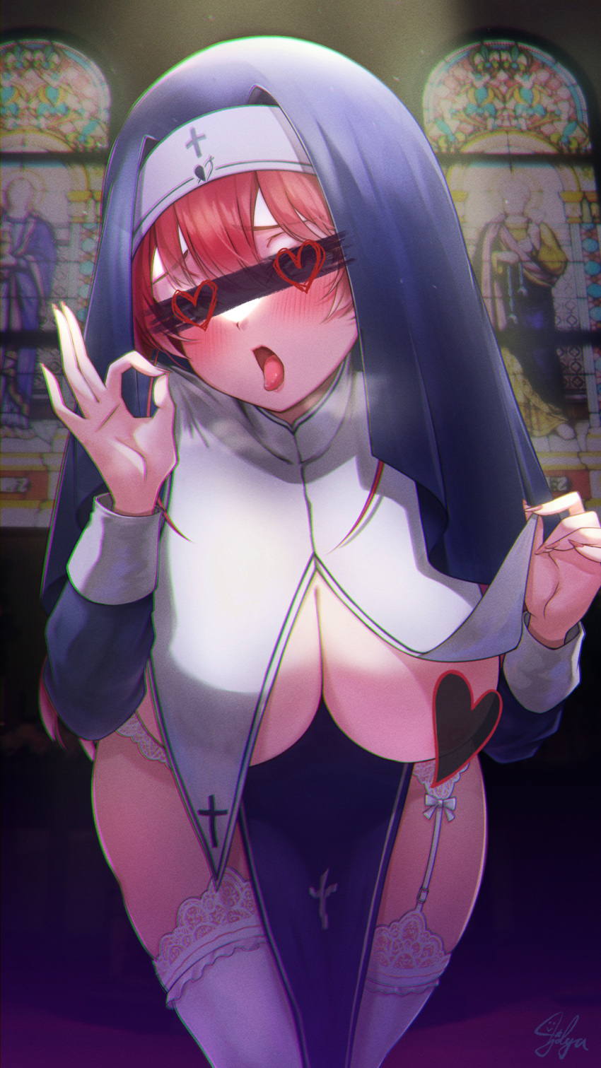 1girl bangs blush breast_curtain_lift breast_curtains breasts censored censored_nipples cowboy_shot fellatio_gesture garter_belt habit heart heart_censor highres hololive houshou_marine ichijo_kazuya identity_censor indoors large_breasts leaning_forward long_hair long_sleeves nun open_mouth pelvic_curtain red_eyes red_hair solo stained_glass standing thighhighs tongue tongue_out veil very_long_hair virtual_youtuber white_thighhighs