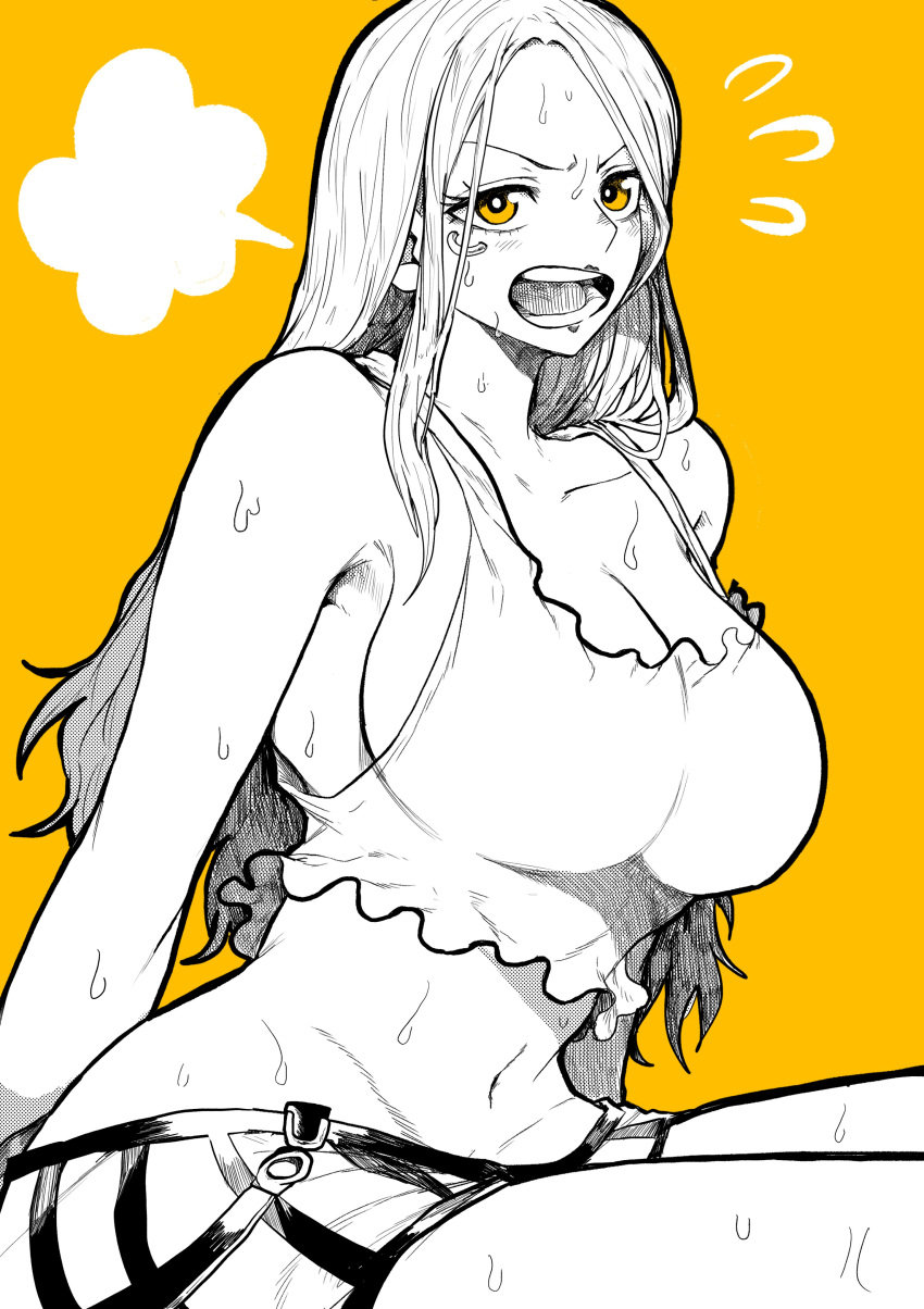 1girl absurdres armpits breasts eyelid_piercing greyscale greyscale_with_colored_background groin highres jewelry_bonney large_breasts lipstick long_hair makeup monochrome navel one_piece open_mouth piercing sideboob simple_background solo teeth yellow_background yellow_eyes yotsumi_shiro