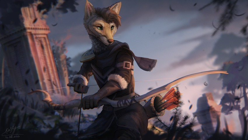 2022 anthro arrow_(disambiguation) brown_hair canid canine day detailed_background digital_media_(artwork) eyebrows eyelashes fox green_eyes hair holding_bow holding_object holding_weapon kalfy male mammal outside sky solo weapon