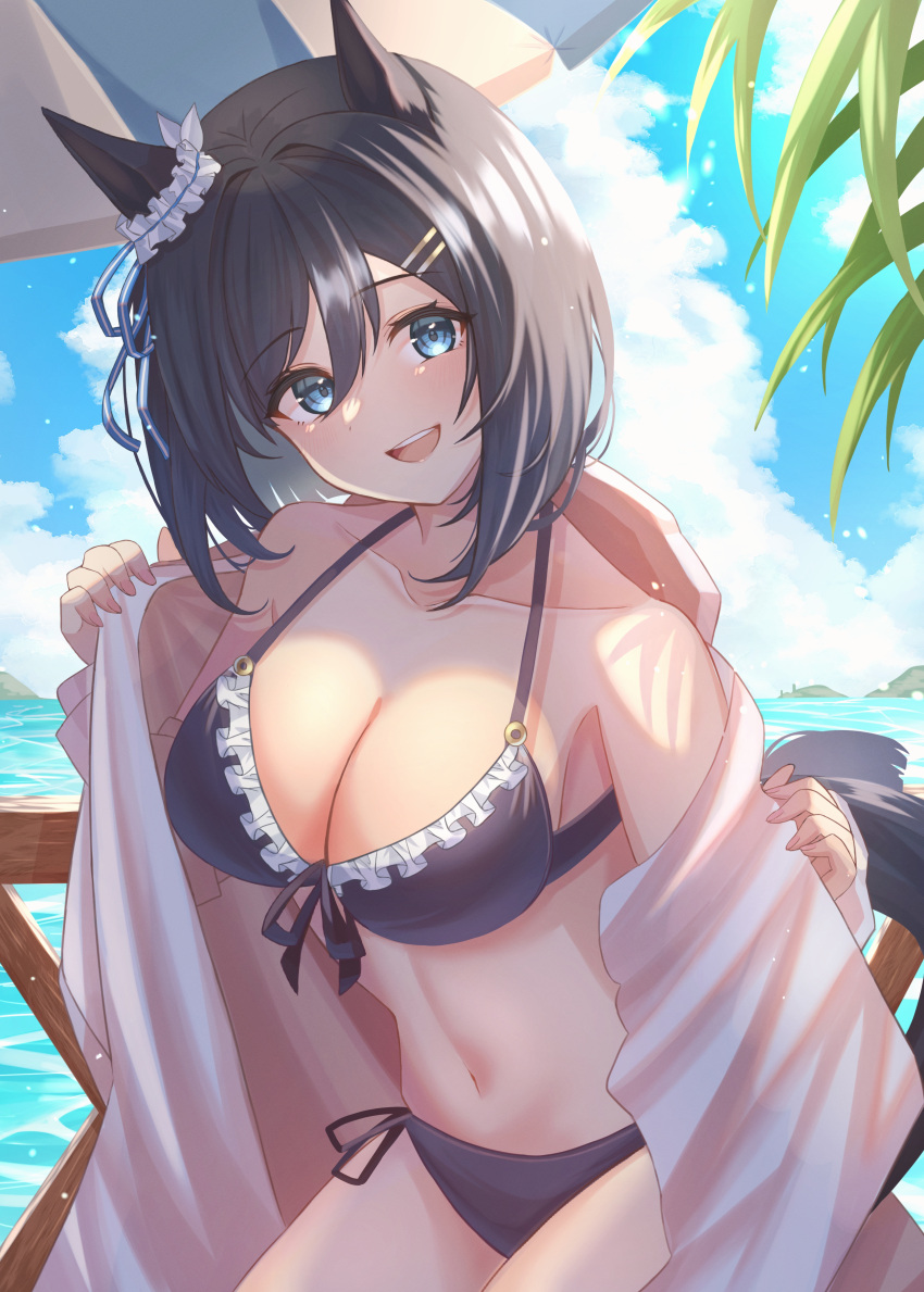 1girl absurdres alternate_costume animal_ears bikini black_bikini black_hair blue_eyes breasts cleavage ear_ornament eishin_flash_(umamusume) front-tie_bikini_top front-tie_top hair_ornament hairclip hanma_(user_emma7355) highres horse_ears horse_girl horse_tail large_breasts looking_at_viewer open_mouth short_hair side-tie_bikini_bottom smile solo swimsuit tail teeth umamusume upper_teeth