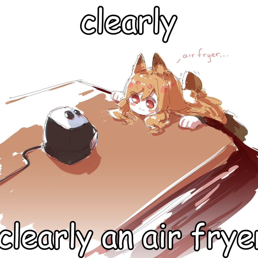 1girl :3 absurdres air_fryer animal_ears arknights bangs blush_stickers brown_hair ceobe_(arknights) clenched_hands comic_sans commentary crr001 dog_ears dog_girl english_commentary english_text highres kotatsu long_hair red_eyes simple_background sketch solo speech_bubble swept_bangs table tail under_kotatsu under_table white_background