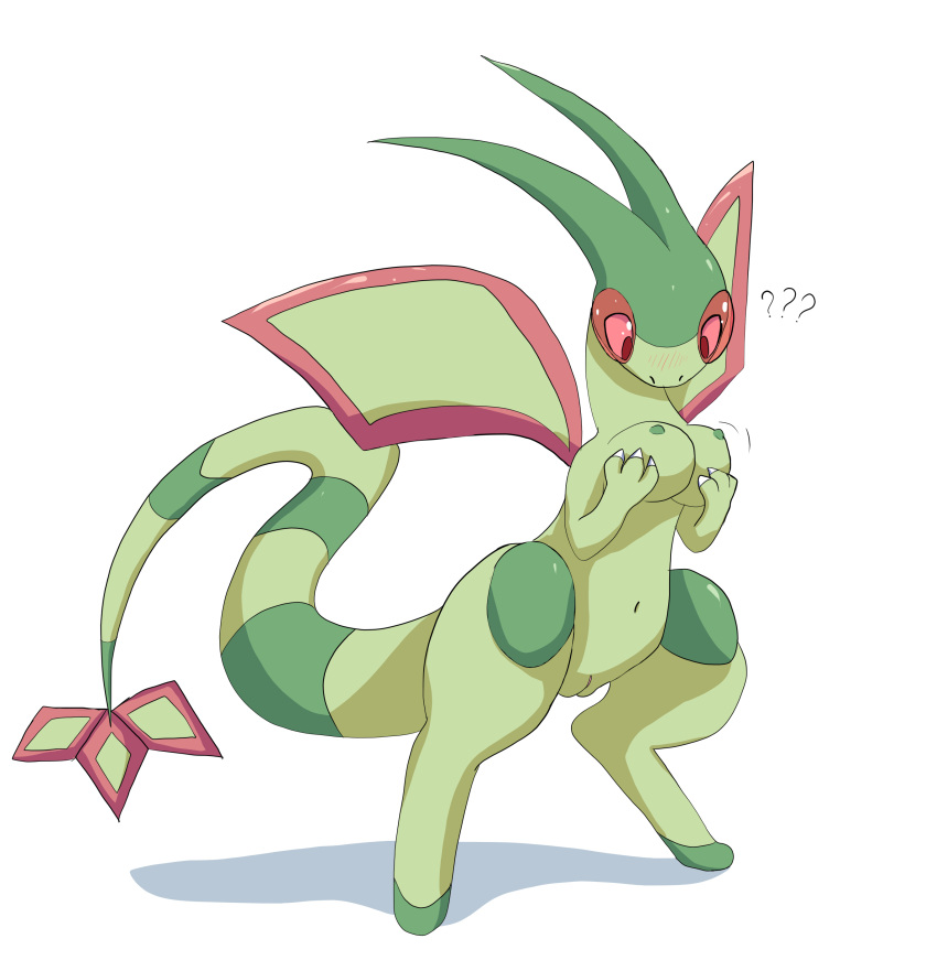 absurd_res blush breasts busty_feral female feral flygon generation_3_pokemon genitals hi_res holding_breast looking_down nintendo pokemon pokemon_(species) pussy question_mark scorchedup simple_background solo video_games white_background