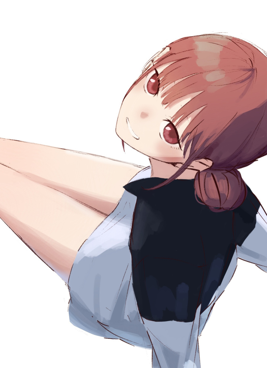 1girl ao_no_hako_(wsj) brown_eyes brown_hair chono_hina commentary from_above hair_bun highres looking_at_viewer looking_up masshiromilktea11014 simple_background sitting smile solo white_background