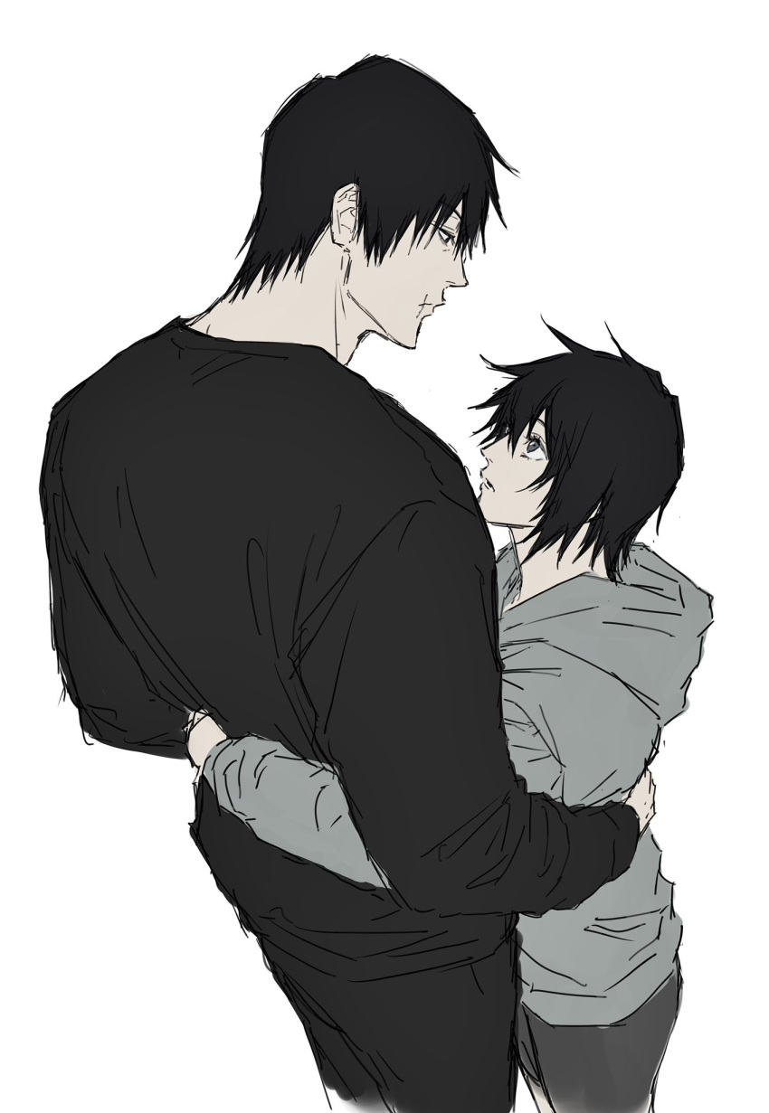1boy 1girl black_hair black_pants cropped_legs fushiguro_touji grey_hoodie grey_pants height_difference highres hood hood_down hoodie hug husband_and_wife jujutsu_kaisen megumi's_mother_(jujutsu_kaisen) pants scar scar_on_face scar_on_mouth short_hair simple_background sso_s white_background