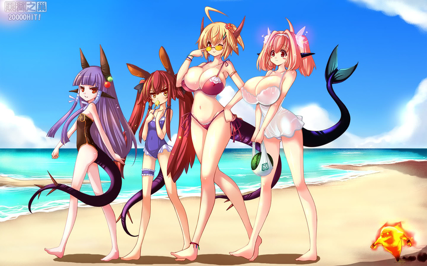 anklet armband barefoot beach bikini blonde_hair blush_stickers breasts cleavage day deathwing dragon_girl dragon_tail fire flat_chest flower food fruit genderswap genderswap_(mtf) glasses horns huge_breasts jewelry large_breasts legs long_hair monster_girl multiple_girls nefarian nefarian_(warcraft) nipples ocean one-piece_swimsuit onyxia onyxien orange_eyes personification pink_hair popsicle purple_hair red_eyes red_hair ribbon see-through sunglasses swimsuit tail thighs twintails very_long_hair wallpaper warcraft watermelon world_of_warcraft wristband
