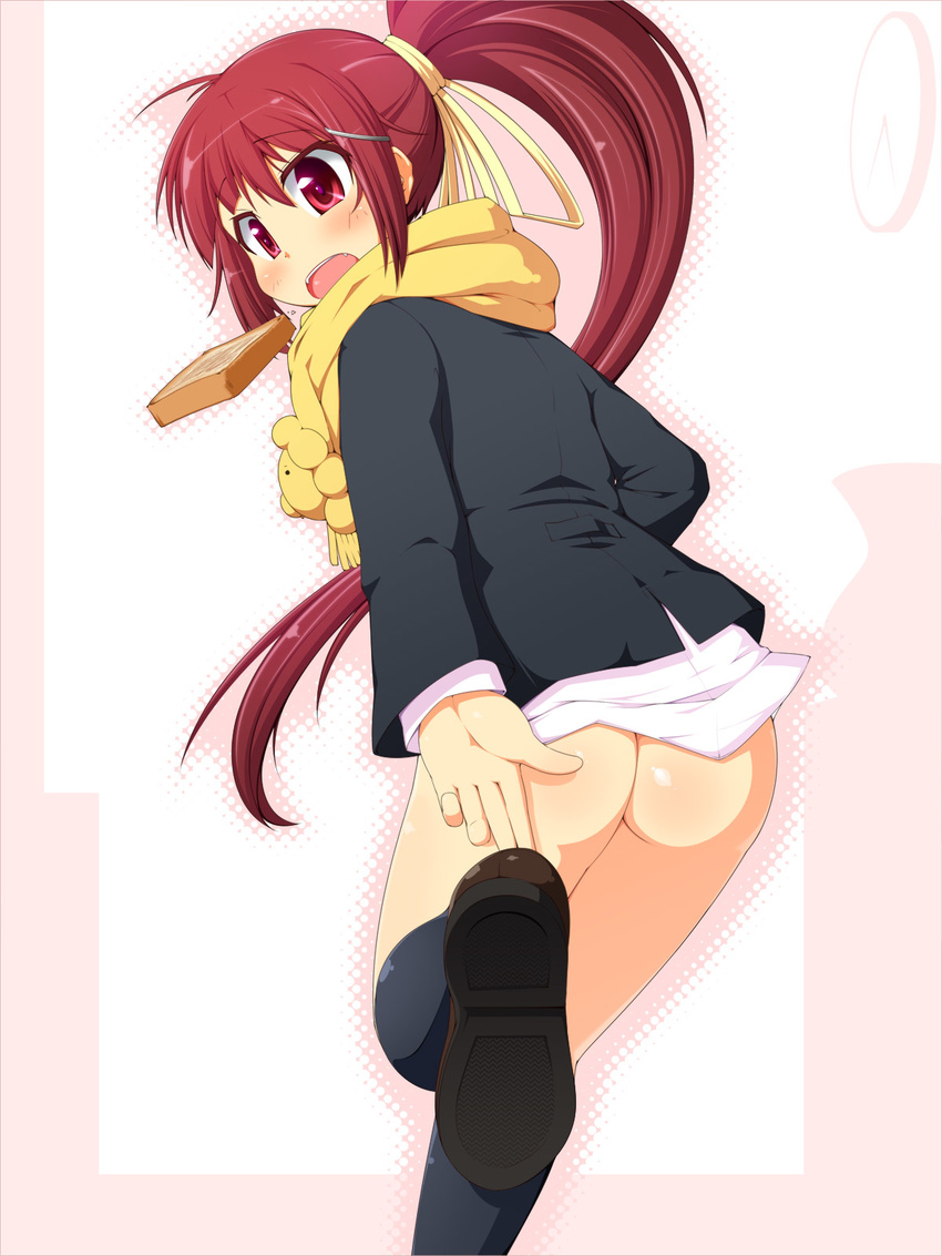 ass black_legwear bottomless character_request fang food food_in_mouth highres kneehighs kotatsu_(kotatsu3) late_for_school long_hair looking_back mouth_hold no_panties open_mouth orange_scarf original ponytail putting_on_shoes red_eyes red_hair scarf school_uniform solo toast toast_in_mouth