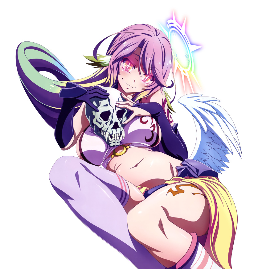 1girl absurdres angel_wings animal_ears breasts breasts_apart crop_top cross dutch_angle elbow_gloves feathered_wings gloves gradient_hair halo hanzawa_jun head_tilt highres jibril_(no_game_no_life) large_breasts long_hair looking_at_viewer low_wings lying magic_circle midriff multicolored multicolored_eyes multicolored_hair navel no_game_no_life official_art on_side pink_eyes pink_hair purple_legwear single_thighhigh skull smile smirk solo symbol-shaped_pupils tattoo thighhighs third-party_edit transparent_background white_wings wing_ears wings yellow_eyes