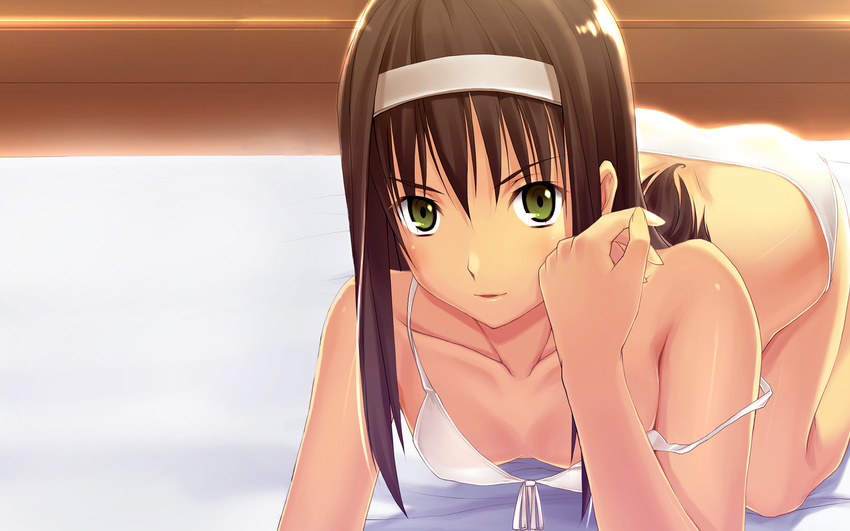 bare_shoulders blush bra breasts brown_hair cleavage downblouse green_eyes hairband highres lingerie mj open_mouth small_breasts solo third-party_edit toono_akiha tsukihime underwear wallpaper white_hairband