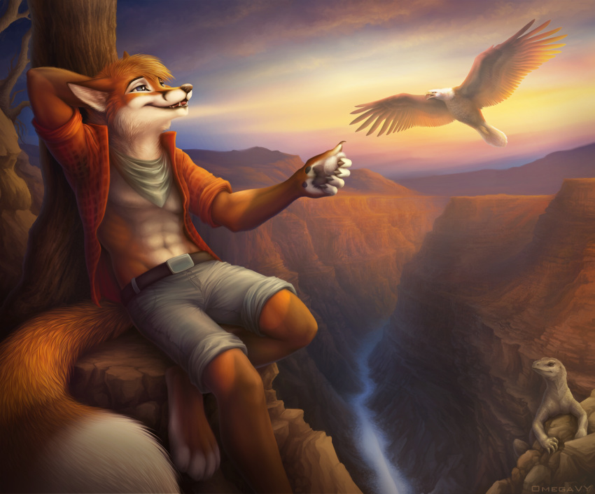 abs anthro avian bald_eagle bandanna beak belt bird blue_eyes canine canyon clothed clothing digitigrade dipstick_tail eagle ears_back feathered_wings feathers feral flying fox hair hand_behind_head holding_object lizard male mammal multicolored_tail navel omegalioness outside red_fox reptile river scalie shirt shorts sitting sky smile solo_focus stone tail_feathers tree wings