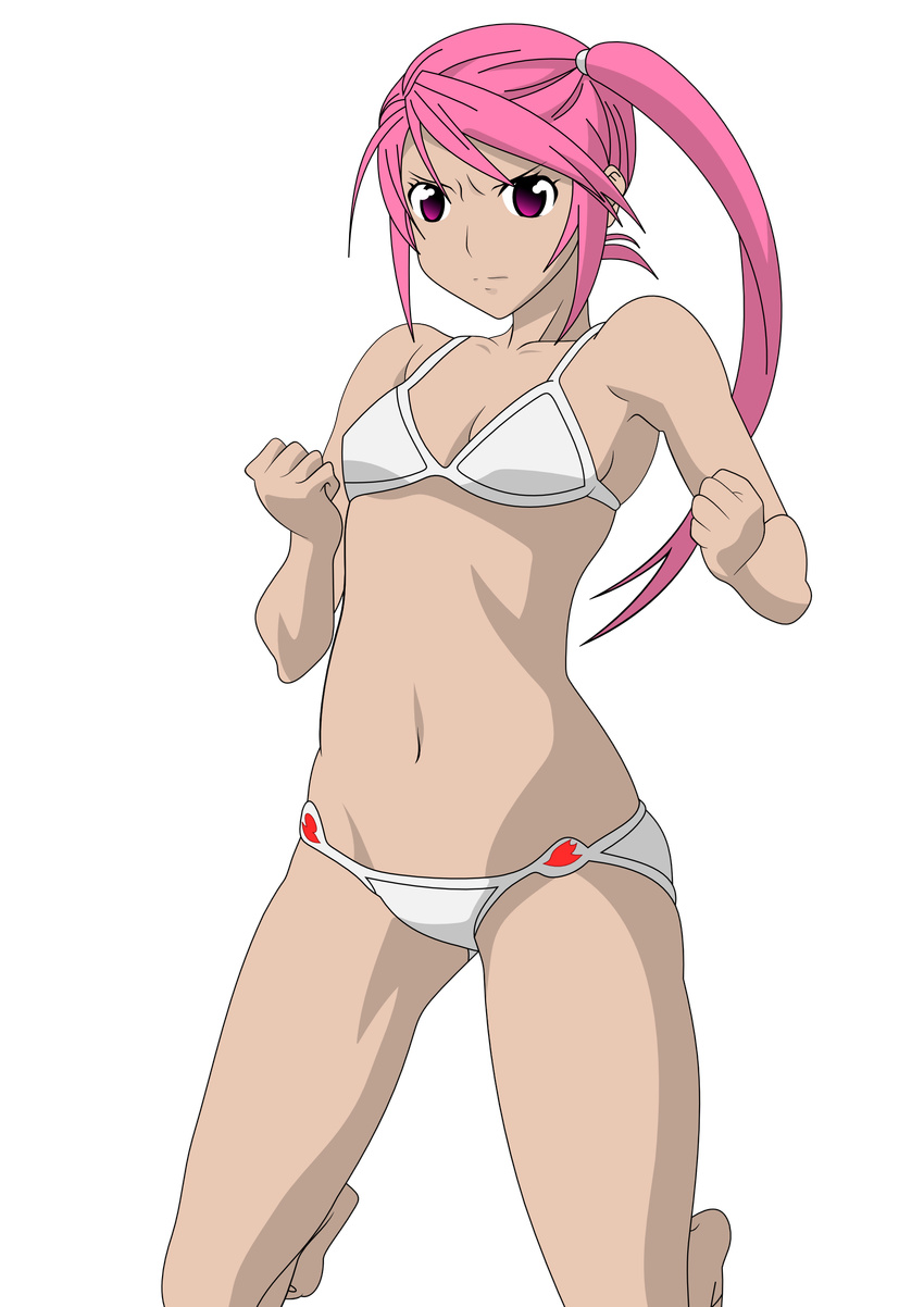 absurdres angry benitsubasa bikini clenched_hand covering_boobs covering_breasts fist flat_chest highres long_hair navel panties pink_hair pony_tail pure_engagement purple_eyes sekirei sekirei_pure_engagement side_ponytail small_boobs small_breasts swimsuit topless white white_panties