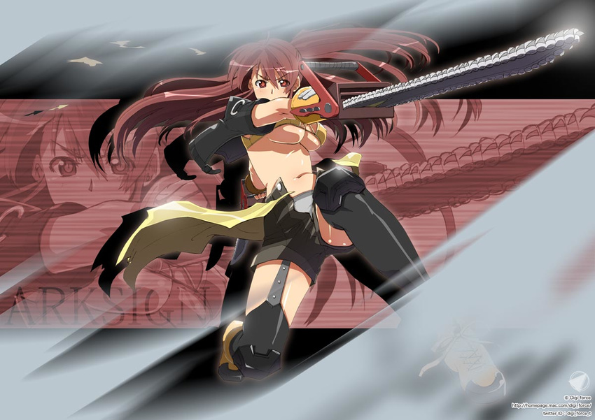 arksign breasts brown_eyes brown_hair chainsaw covered_nipples kimura_shigetaka large_breasts ponytail short_shorts shorts solo thighhighs underboob