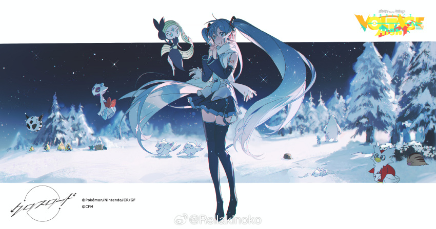 1girl aqua_hair beartic black_boots black_skirt black_sleeves blue_necktie boots cetoddle chinese_commentary commentary_request company_name copyright_logo copyright_notice cubchoo delibird detached_sleeves earphones floating froslass full_body glalie hair_between_eyes hatsune_miku highres interlocked_fingers logo long_hair long_sleeves looking_at_another meloetta meloetta_(aria) miniskirt necktie night number_tattoo official_art outdoors own_hands_clasped own_hands_together pine_tree pleated_skirt pokemon pokemon_(creature) project_voltage rella scarf sidelocks skirt snom snorunt snover snover_(male) snow standing star_(sky) swinub tattoo thigh_boots tree twintails very_long_hair vocaloid watermark weibo_username weibo_watermark