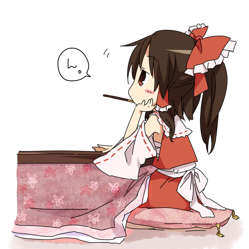 blush chibi detached_sleeves food hakurei_reimu pocky solo touhou yamabuki_(yusuraume)