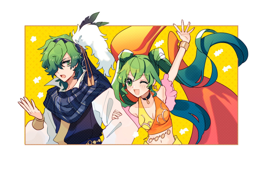 1boy 1girl arm_up bangs blue_vest bracelet breasts choker cleavage collarbone double_bun earrings fire_emblem fire_emblem:_genealogy_of_the_holy_war green_eyes green_hair hair_bun hair_over_one_eye head_scarf highres holding_another's_arm jewelry kurimori lewyn_(fire_emblem) long_hair midriff navel one_eye_closed open_mouth scarf shirt silvia_(fire_emblem) twintails vest white_shirt