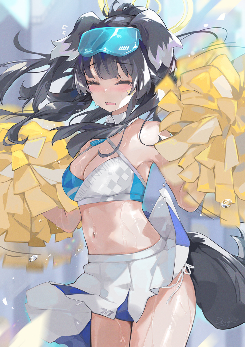1girl animal_ears armpits bangs bare_shoulders black_hair blue_archive blue_eyes blush breasts cheerleader cleavage closed_eyes cowboy_shot crop_top dema_hmw dog_ears dog_girl dog_tail eyewear_on_head goggles goggles_on_head halo hibiki_(blue_archive) hibiki_(cheerleader)_(blue_archive) highres holding holding_pom_poms long_hair looking_at_viewer medium_breasts midriff miniskirt navel panties pleated_skirt pom_pom_(cheerleading) ponytail side-tie_panties skirt sleeveless solo sticker_on_face tail underwear white_skirt