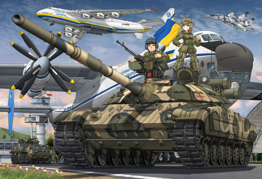 1girl 3boys absurdres airport an-22 antonov_an-225 blue_eyes blue_sky btr-4 camouflage camouflage_jacket camouflage_pants closed_eyes cloud coat_of_arms digital_camouflage earphones faceless faceless_male flag flower full_body ground_vehicle gun heavy_machine_gun highres holding holding_flag jacket light_brown_hair machine_gun mikeran_(mikelan) military military_uniform military_vehicle motor_vehicle multiple_boys open_hatch original outdoors pants pink_flower reactive_armor short_hair sky su-27 t-64 tank ukraine ukrainian_flag uniform weapon white_flower yellow_flower