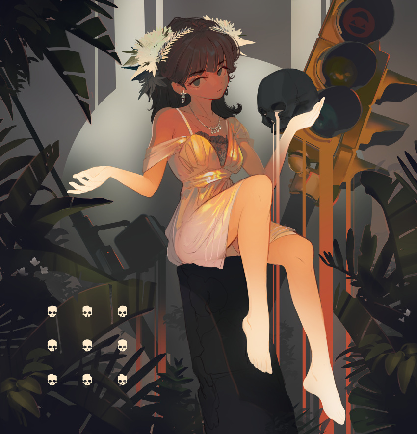 1girl absurdres bare_legs bare_shoulders barefoot brown_hair closed_mouth dress earrings fern green_eyes head_tilt highres holding holding_skull jewelry laurel_crown long_hair looking_at_viewer necklace original polilla skull solo traffic_light white_dress