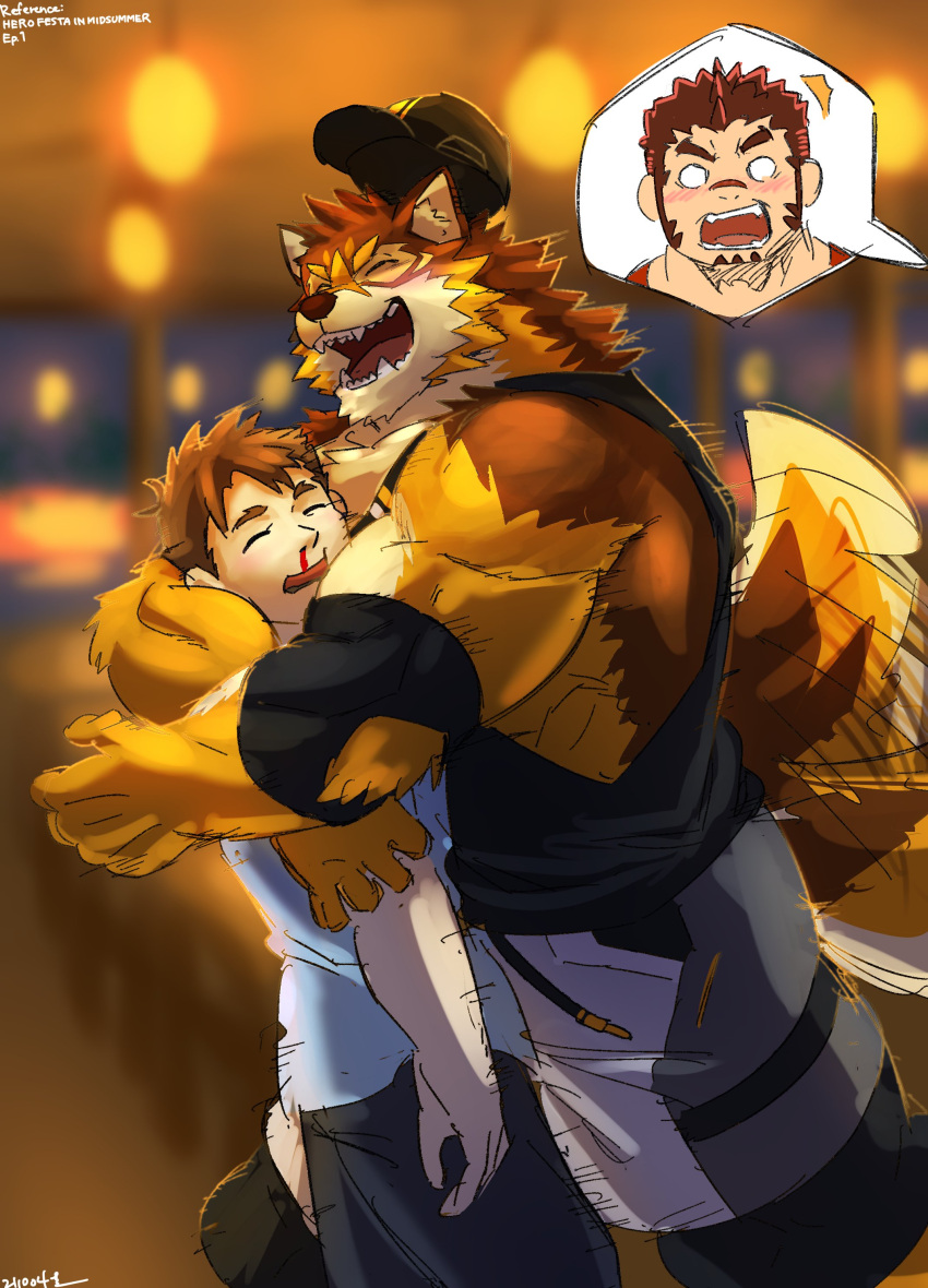 absurd_res akashi_(live-a-hero) anthro barrel_(live-a-hero) biceps blush brown_body brown_fur brown_hair canid canine canis clothing duo embrace fur hair hi_res hug human jealous lifewonders live-a-hero male male/male male_operator mammal muscular muscular_anthro muscular_male protagonist_(live-a-hero) rotsw shirt tail_motion tailwag tank_top topwear video_games wolf