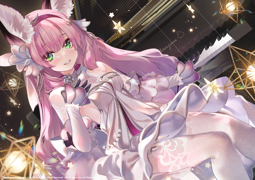 alternate_costume animal_ear_fluff animal_ears azur_lane dress flower fox_ears fox_girl garter_straps gloves grand_piano hair_flower hair_ornament hairband hanazuki_(azur_lane) hand_on_own_chest instrument lace-trimmed_legwear lace_trim manjuu_(azur_lane) piano shirokitsune sitting star_(symbol) star_hair_ornament