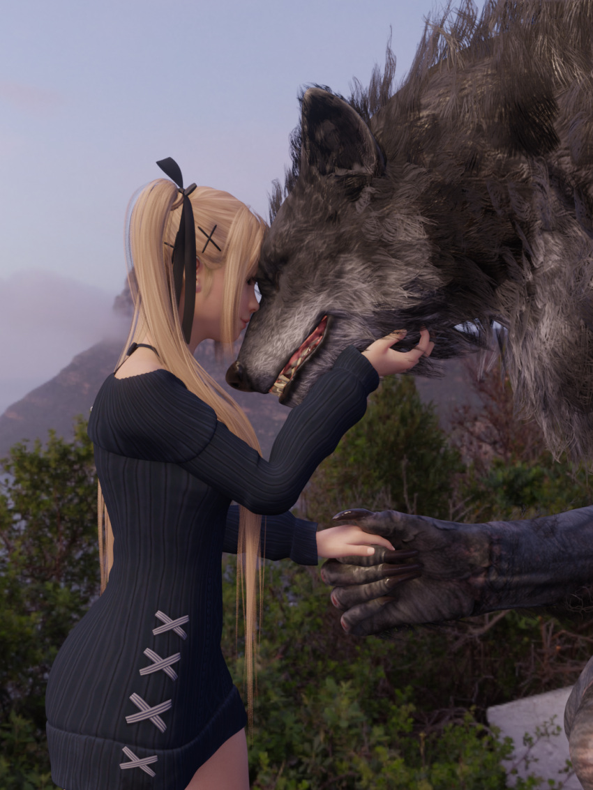 accessory bow_ribbon canid canine claws clothed clothing dead_or_alive_(series) duo eyes_closed female fur guntherthespelunker hair hair_accessory hair_bow hair_ribbon hand_holding hi_res human male male/female mammal marie_rose pigtails ribbons romantic scratching smile sweater teeth topwear were werecanid werecanine werewolf werewolf_the_apocalypse